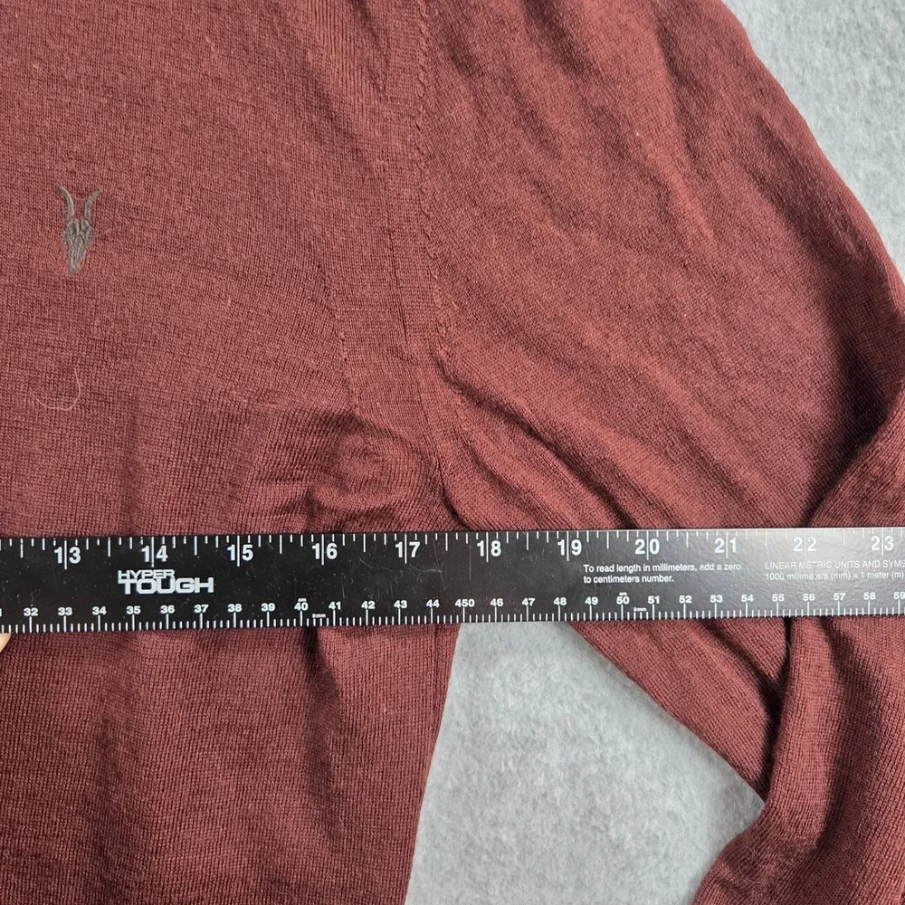 AllSaints Sweater Mens Large Burgundy 100% Merino Wool Crew Neck Ramskull Logo